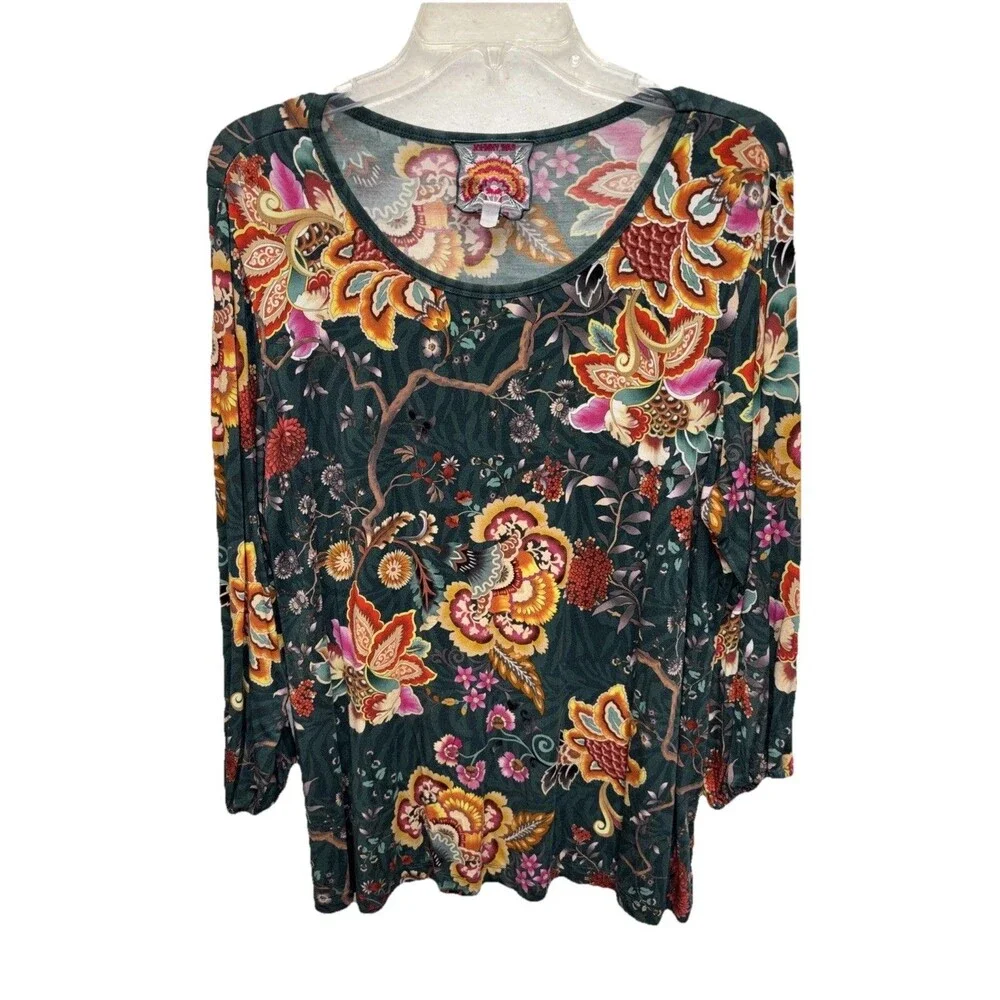 Johnny Was Orizaba Puff Sleeve Tee T Shirt Top Floral Soft Scoop Neck XL Green